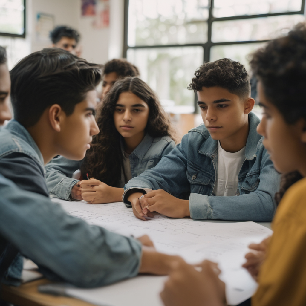 Estudiantes en un aula colaborando y expresando empatía.