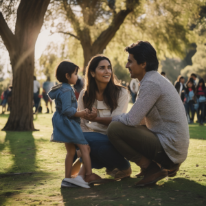 Familia chilena compartiendo en una conversación sincera en el parque.