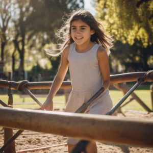 Niña chilena jugando en un parque mientras enfrenta un obstáculo, mostrando determinación.