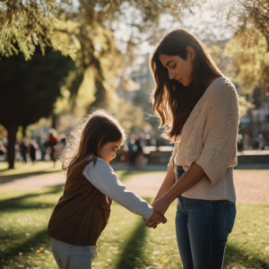 Una mujer chilena conversando con su madre en un parque, mostrando empatía y comprensión.