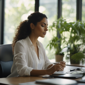 Chilena practicando mindfulness en la oficina para aumentar su productividad.