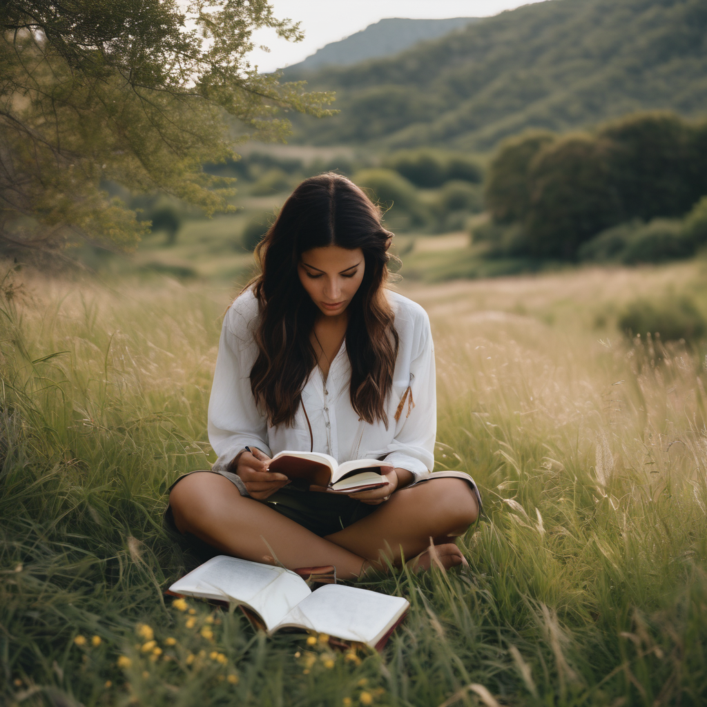Mujer chilena escribiendo en un diario en un entorno natural, reflejando introspección y sanación emocional.