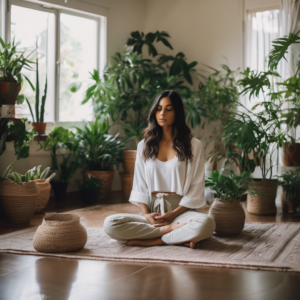 Una mujer chilena meditando en su sala de estar con un ambiente sereno.