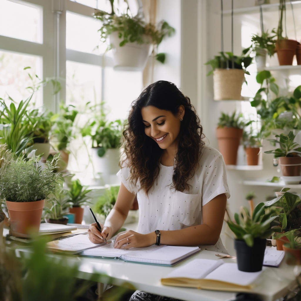 Persona chilena organizando su agenda mientras sonríe en un entorno de trabajo natural