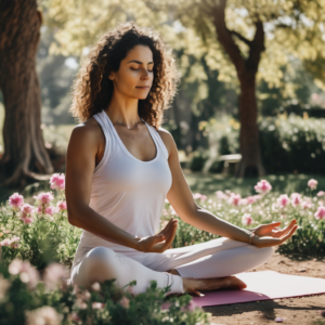 Mujer chilena practicando yoga en un parque, rodeada de naturaleza.