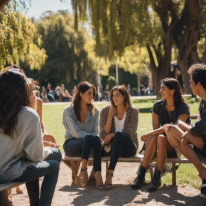 Una mujer chilena sonriendo mientras habla con un grupo de amigos en un parque.