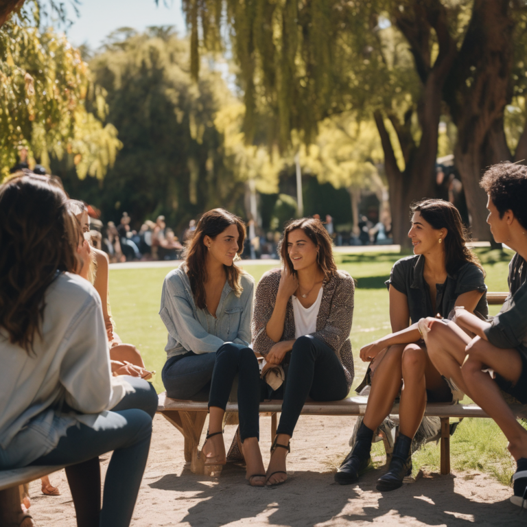 Una mujer chilena sonriendo mientras habla con un grupo de amigos en un parque.
