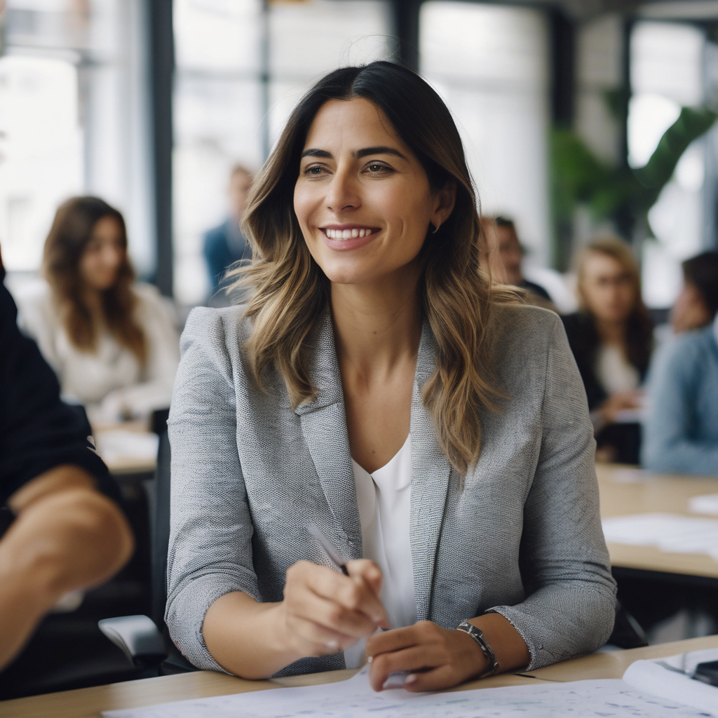 Mujer chilena en un entorno de oficina colaborando en un proyecto creativo.