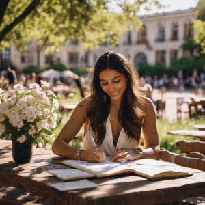 Mujer chilena escribiendo en un diario con una sonrisa.