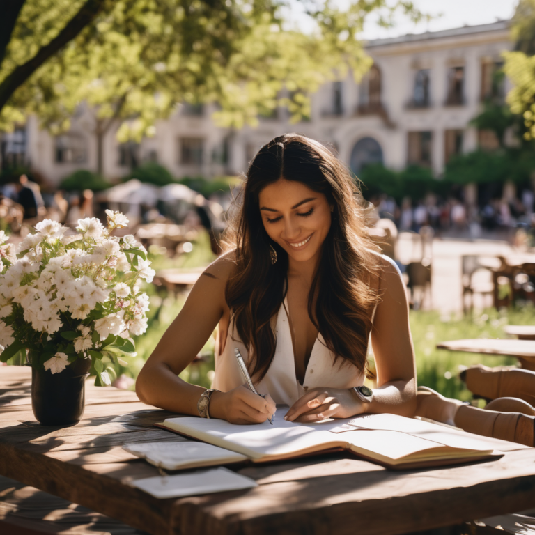 Mujer chilena escribiendo en un diario con una sonrisa.