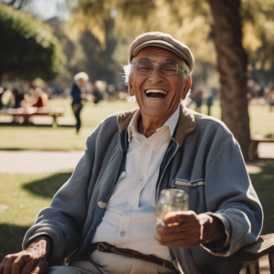 Adulto mayor chileno sonriendo mientras comparte risas con amigos en un parque.