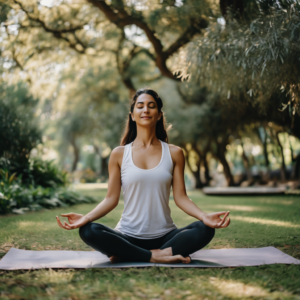 Mujer chilena practicando yoga en un parque, sonriendo y conectando con la naturaleza.