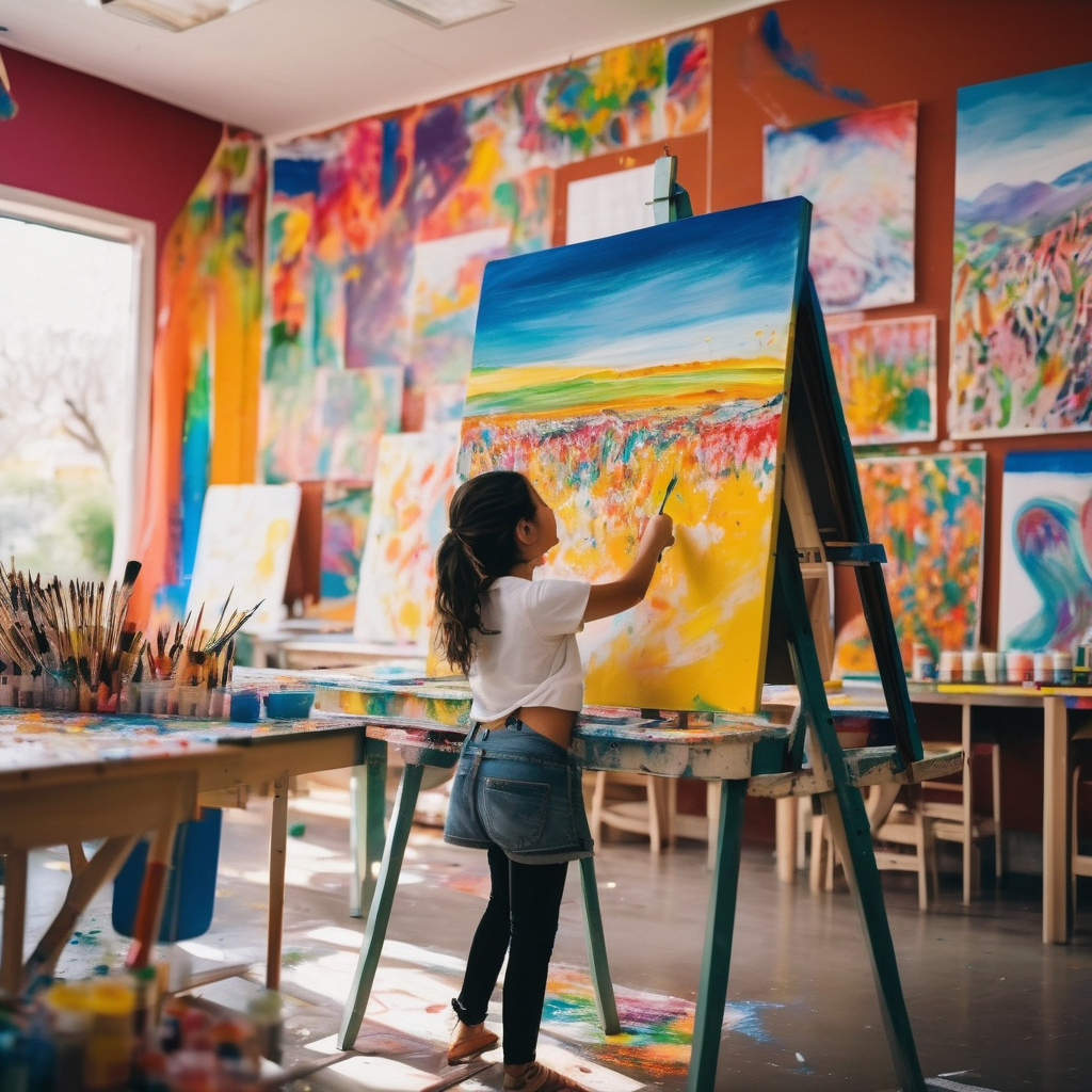 Niña chilena pintando en un aula creativa con alegría.