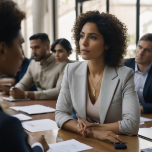Una mujer latina en una reunión laboral, expresando sus ideas con confianza.