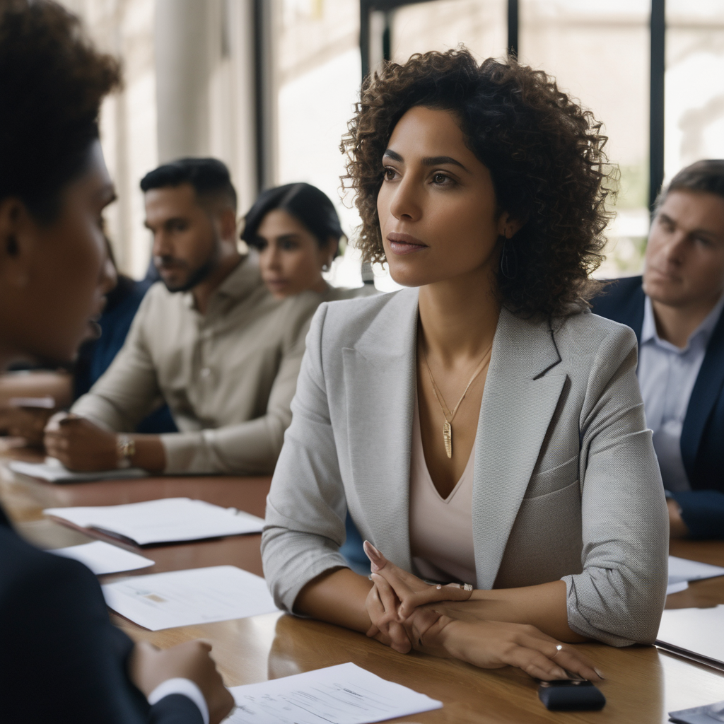 Una mujer latina en una reunión laboral, expresando sus ideas con confianza.