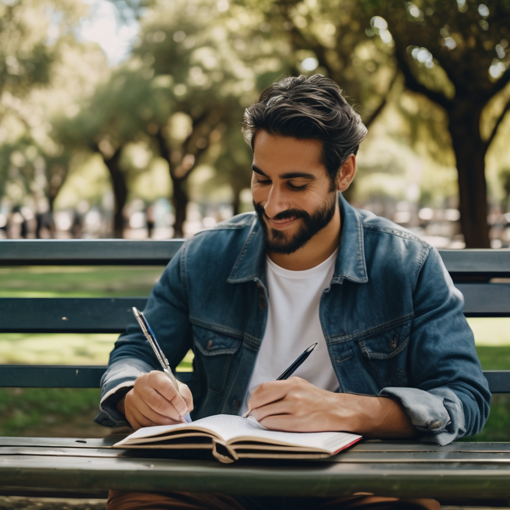 Adulto chileno sonriendo mientras escribe en un diario en un parque.