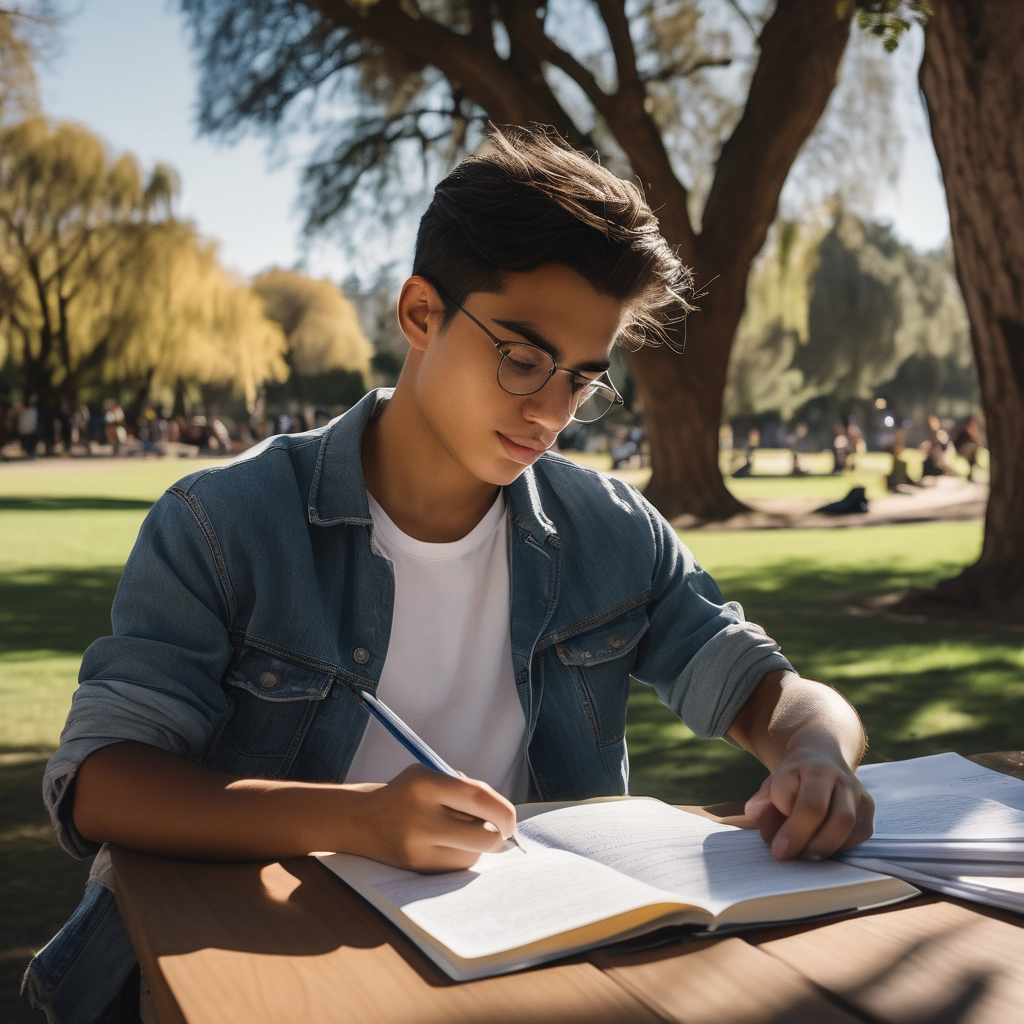 Estudiante chileno concentrado en su estudio en un ambiente natural.