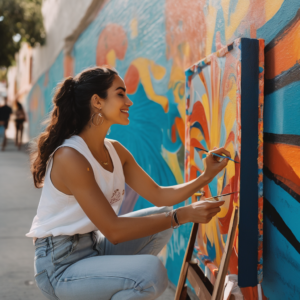 Una mujer chilena pintando un mural colorido en un entorno urbano, mostrando felicidad y concentración.