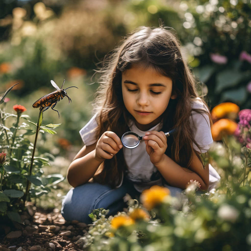 Niña chilena explorando un jardín mientras observa insectos con asombro.