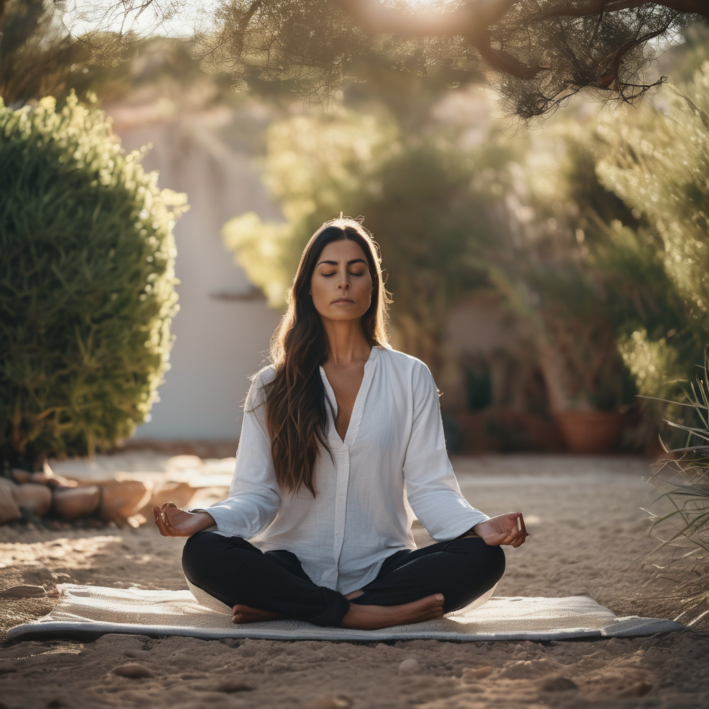 Una mujer chilena meditando al aire libre, rodeada de naturaleza, con una expresión de calma y concentración.