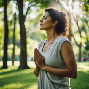 Adulto practicando mindfulness en un entorno natural, sintiendo paz.