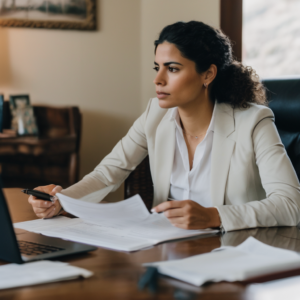 Mujer latina practicando respuestas para una entrevista laboral con nervios.
