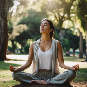 Persona chilena meditando en un parque, rodeada de naturaleza mientras sonríe, evocando tranquilidad y paciencia.