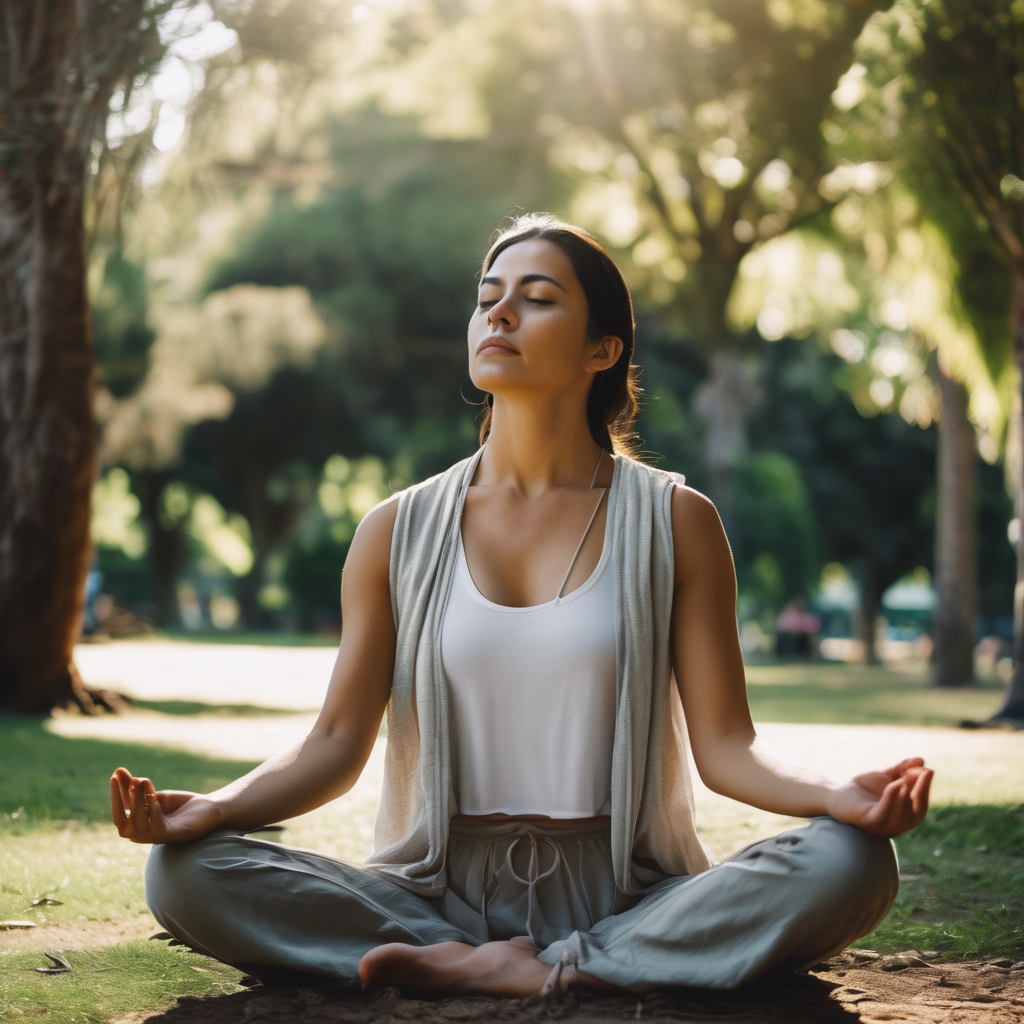 Persona chilena meditando en un parque, rodeada de naturaleza mientras sonríe, evocando tranquilidad y paciencia.