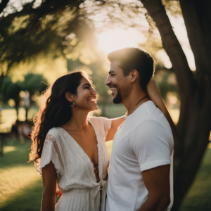 Pareja riendo y abrazándose en un parque durante el atardecer.