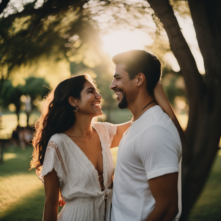Pareja riendo y abrazándose en un parque durante el atardecer.