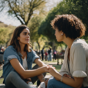 Una mujer chilena escuchando atentamente a un amigo durante una conversación en un parque.