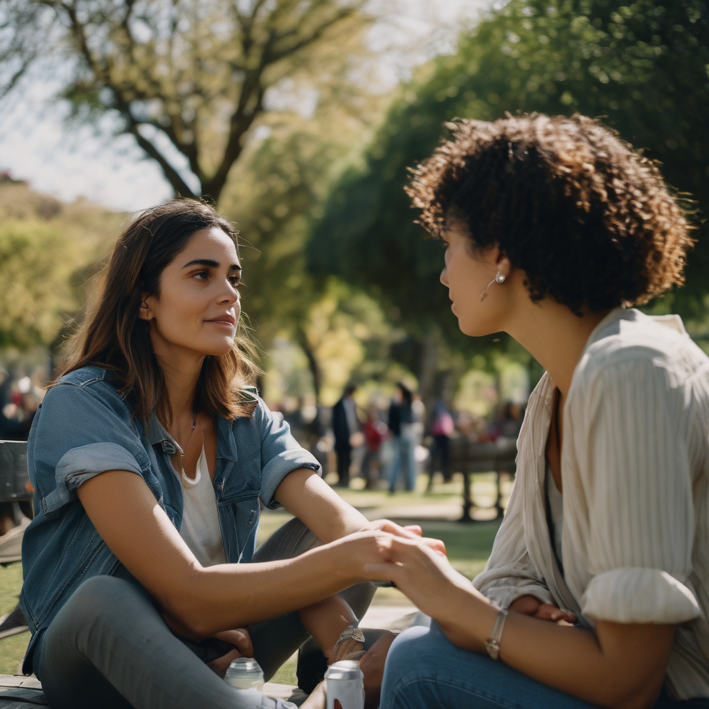 Una mujer chilena escuchando atentamente a un amigo durante una conversación en un parque.
