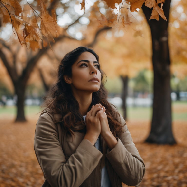 Mujer chilena respirando profundamente en un parque antes de un cambio importante.