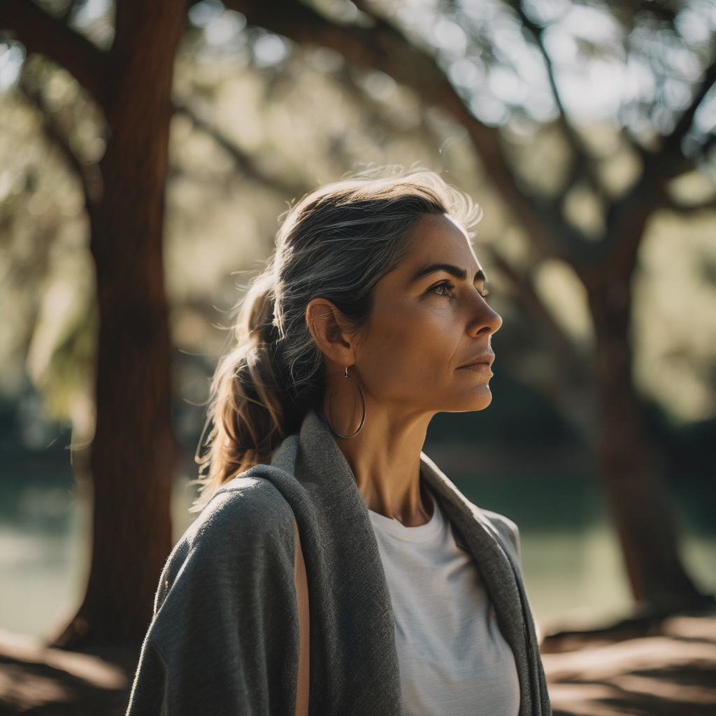 Mujer chilena practicando técnicas de inteligencia emocional en un entorno natural.