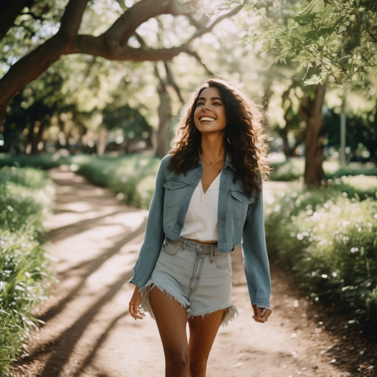 Mujer chilena disfrutando de una caminata al aire libre, sonriendo y sintiéndose plena.