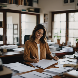 Una mujer chilena en su oficina, revisando documentos con una expresión de concentración y ligereza, simbolizando el equilibrio entre perfección y productividad.