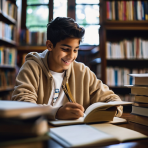 Adolescente chileno estudiando con entusiasmo en una biblioteca.