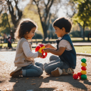 Niños jugando juntos y compartiendo en un parque, mostrando empatía y alegría.