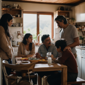 Familia conversando en la cocina, mostrando empatía y comprensión.