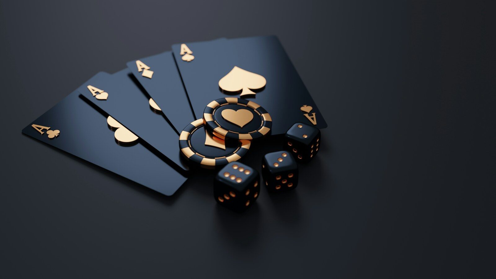 Black playing cards with gold aces, poker chips, and dice on dark surface