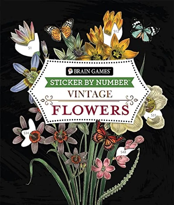 Portada del libro Brain Games - Sticker by Number - Vintage: Flowers (28 Images to Sticker) (en Inglés) - Brain Games de Brain Games para comprar online
